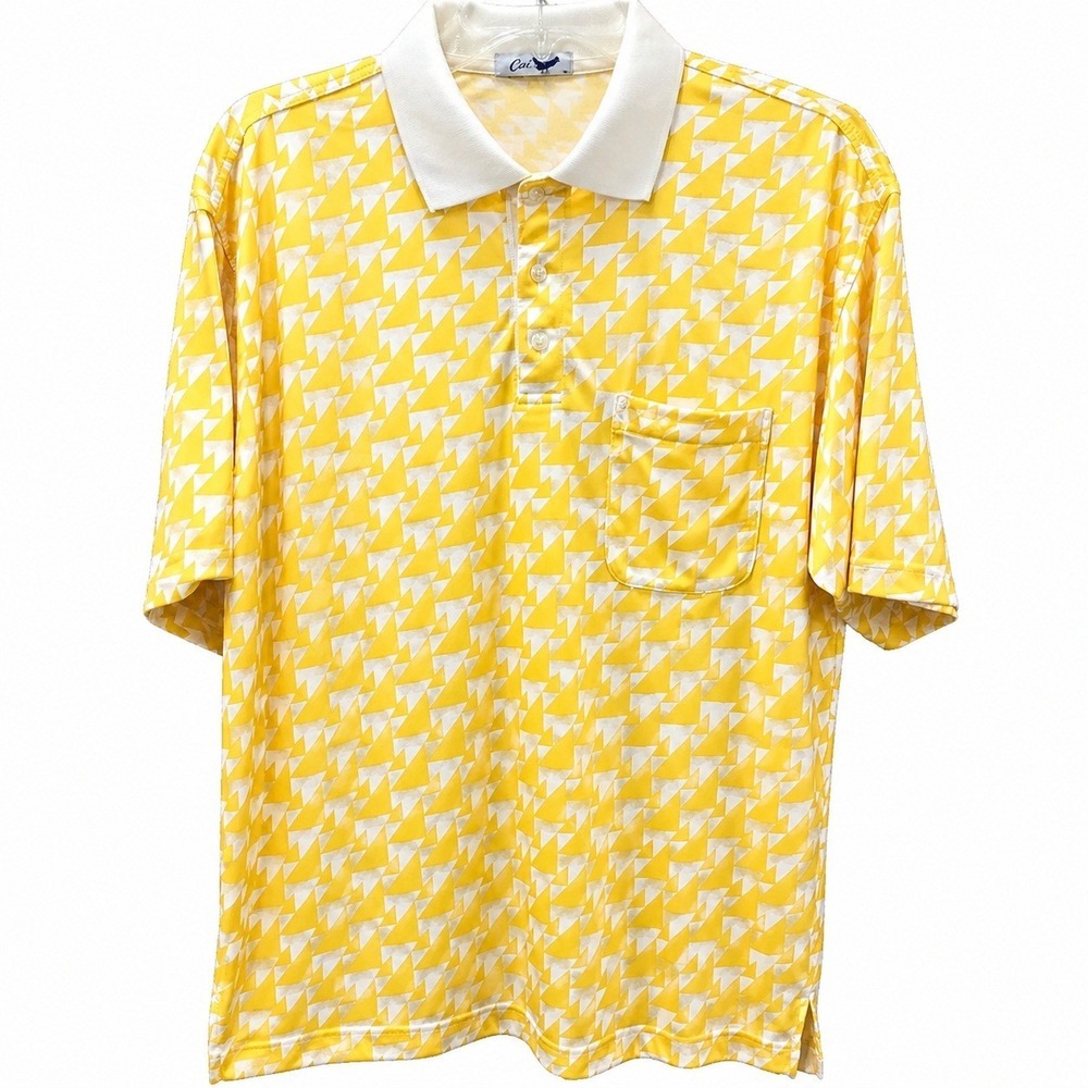 Vtg 80s‎ CROCODILE Polo Shirt Mens XL Yellow White Geometric Sawtooth Golf Top